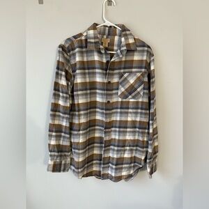 Telluride Men's Plaid Button-Up Shirt Flannel Cotton Brown White Gray Size M